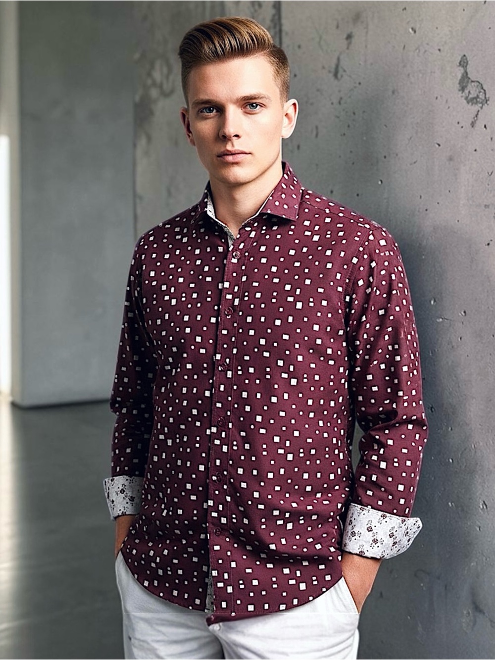 Suslo Couture Burgundy Square Print Slim Fit Shirt M